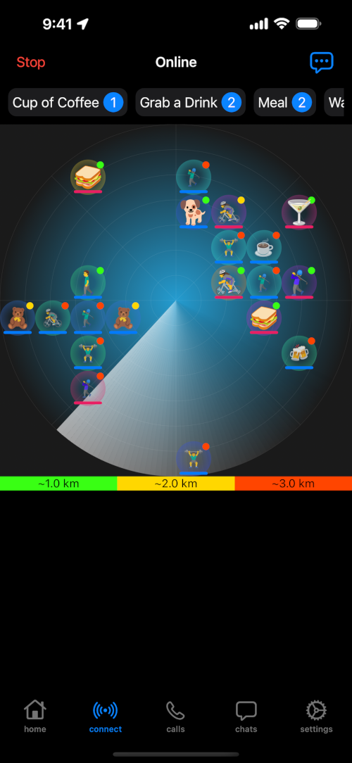 UTurn Connect Radar interface showing nearby users